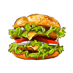 Vector Fast Food Hamburger Classic Burger American Cheeseburger with Lettuce Tomato Onion Cheese Beef and Sauce isolated on white Background - obrazy, fototapety, plakaty