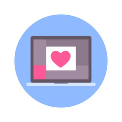 Heart On Laptop Screen Icon On Blue Round Background Isolated Vector Illustration