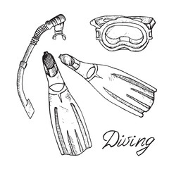 Diving mask, flippers and snorkel, hand drawn doodle sketch with inscription, isolated vector outline illustration