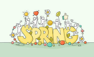 Sketch of little people with big word Spring.