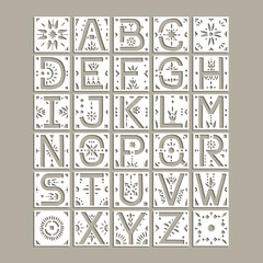 Vector capital alphabet. Squares with cut letters and geometric patterns for a laser cutting template of paper and vinyl. For wedding design, monograms, initials. - obrazy, fototapety, plakaty