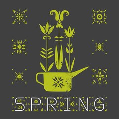 Vector illustration of spring. Three ornamental flowers in an ethnic style growing out of watering can and decorative text "Spring." Black background.