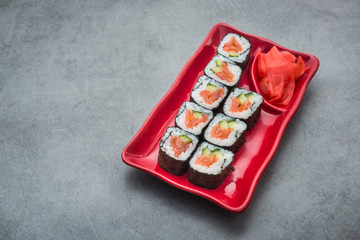 Sushi set with salmon fish and cucumber