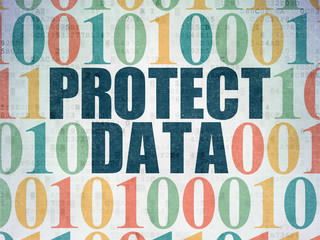 Protection concept: Painted blue text Protect Data on Digital Data Paper background with Binary Code