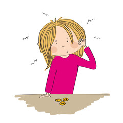 Puzzled young woman standing behind the desk, looking at the little money she has, wondering what to do - original hand drawn illustration