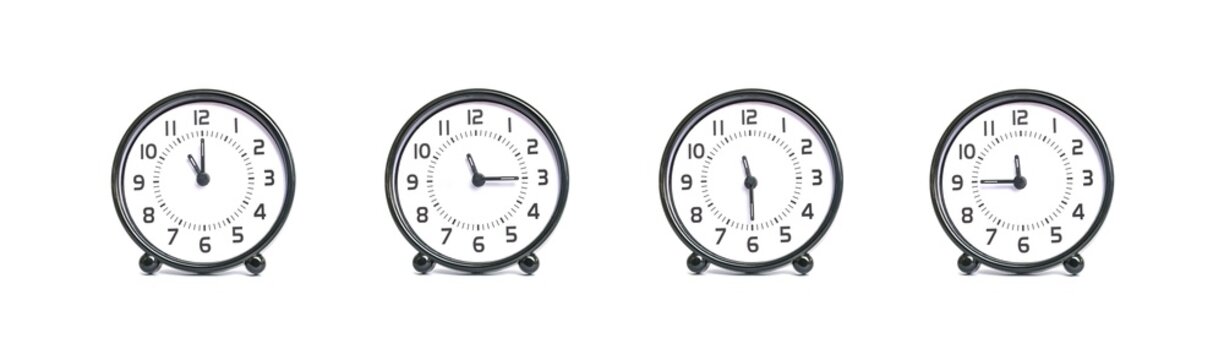 Closeup group of beautiful black and white clock show the time in 11 , 11:15 , 11:30 , 11:45 a.m. isolated on white background