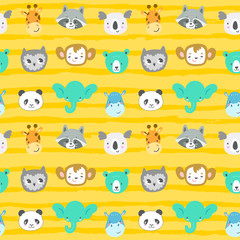 Seamless vector pattern with cute smiling animal heads. Cartoon elephant, monkey, raccoon, panda, owl, giraffe, bear, koala and hippo. Funny zoo characters.