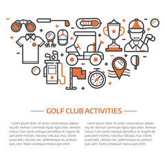 Golf club banner or header template in line art style. Golf icons concept background with ball, golfer, bag, umbrella and other elements and accessories.