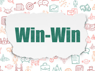 Business concept: Painted green text Win-Win on Torn Paper background with  Hand Drawn Business Icons