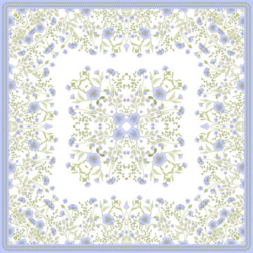 Scarf print design. Delicate cute flowers square pattern. Vector