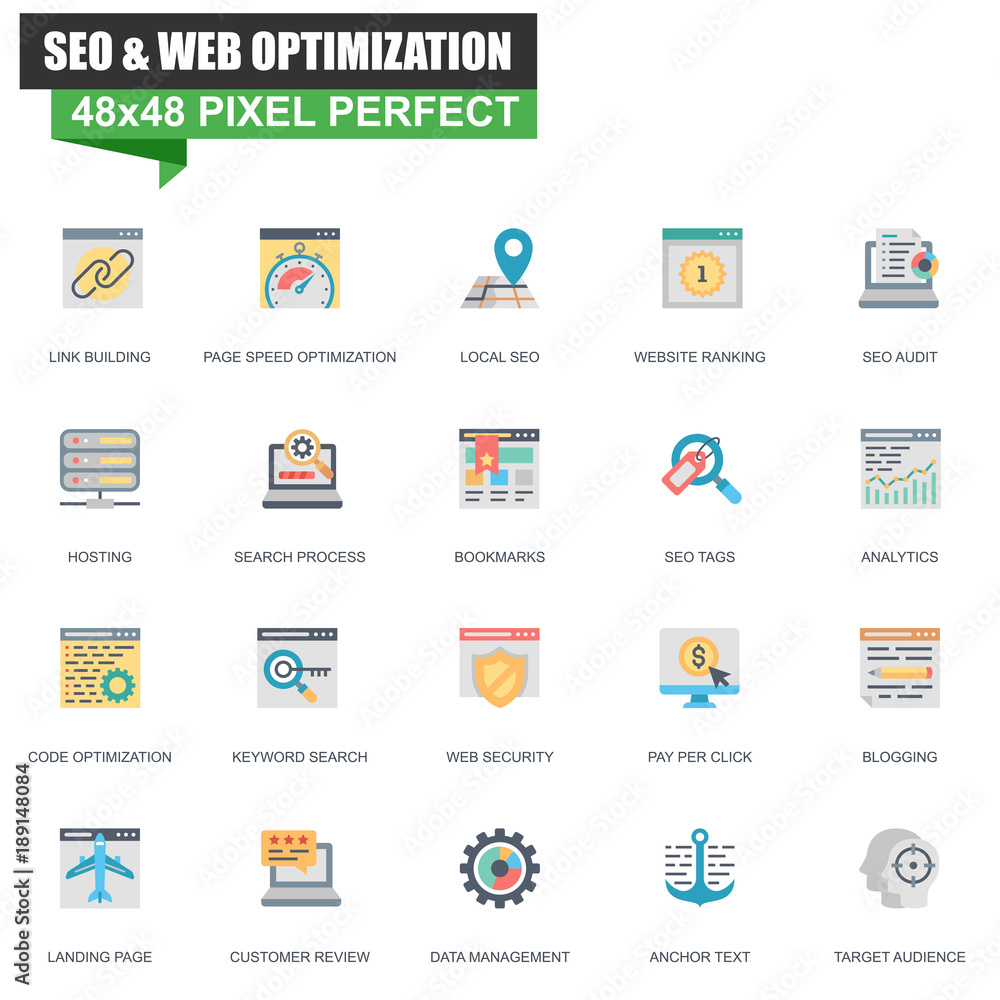 Poster modern flat seo and web optimization icons set for website and mobile site and apps. contains such i