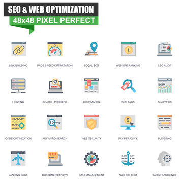 Modern flat seo and web optimization icons set for website and mobile site and apps. Contains such Icons as Coding, Landing Page, Audit. 48x48 Pixel Perfect. Editable Stroke. Vector illustration.