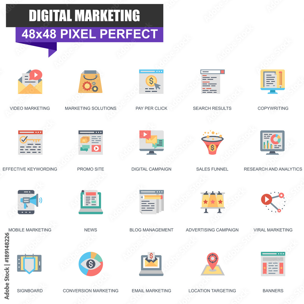 Poster modern flat digital marketing icons set for website and mobile site and apps. contains such icons as