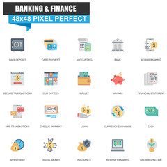 Modern flat banking and finance icons set for website and mobile site and apps. Contains such Icons as Accounting, Loan, Money, Bank. 48x48 Pixel Perfect. Editable Stroke. Vector illustration.