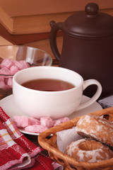Dessert food with tea and strawberry lump sugar