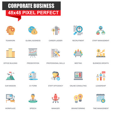 Modern flat corporate business icons set for website and mobile site and apps. Contains such Icons as Teamwork, Meeting, Brainstorming. 48x48 Pixel Perfect. Editable Stroke. Vector illustration.
