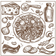 Fototapety  Składniki pizzy szkic wektor ikony do projektowania restauracji włoskiej pizzerii