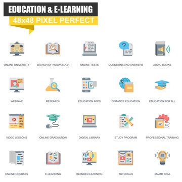 Modern flat online education and learning icons set for website and mobile site and apps. Contains such Icons as University, Study, Book. 48x48 Pixel Perfect. Editable Stroke. Vector illustration.