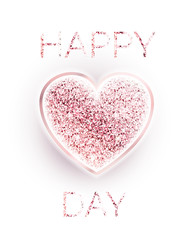 Happy valentines day. Diamond heart rose gold on a white background. Romantic design element. Luxury elegant shape with glitter heart. Vector illustration. Festive sparkle. Glitter pink heart. EPS10.