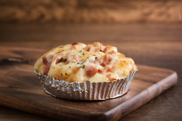 Close up Bacon and Cheese Toast on Wooden Table.