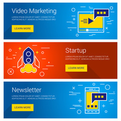 Video Marketing. Startup. Newsletter. Line Art Flat Design Illustration. Vector Web Banners Concepts