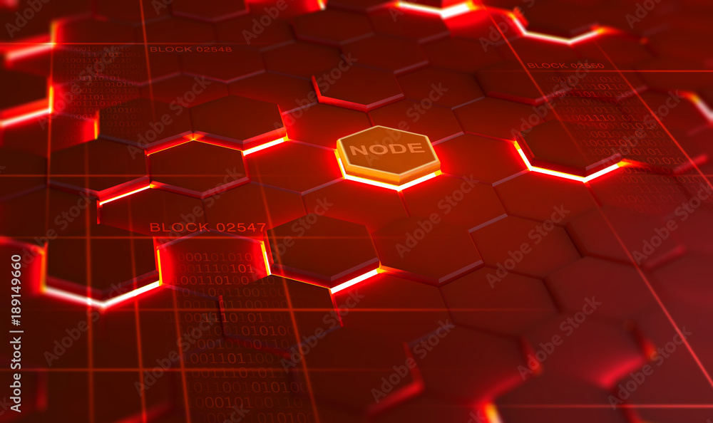 Poster Futuristic background consisting of flaming hexagons arranged on a plane. Conceptual 3D illustration on the topic of cyberspace. Protection and data transfer using Block Chaine technology