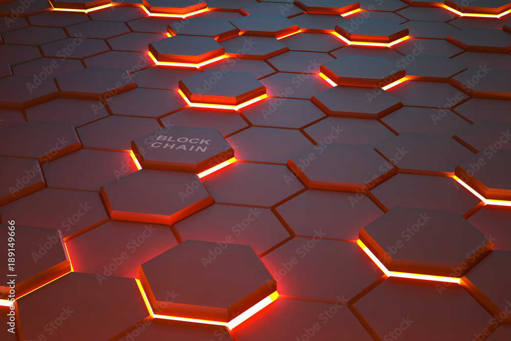 Poster Futuristic background consisting of flaming hexagons arranged on a plane. Conceptual 3D illustration on the topic of cyberspace. Protection and data transfer using Block Chaine technology