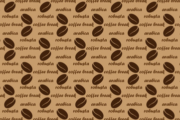 Coffee vector pattern - brown pattern with text, Coffee beans with  text arabica, robusta and coffee break