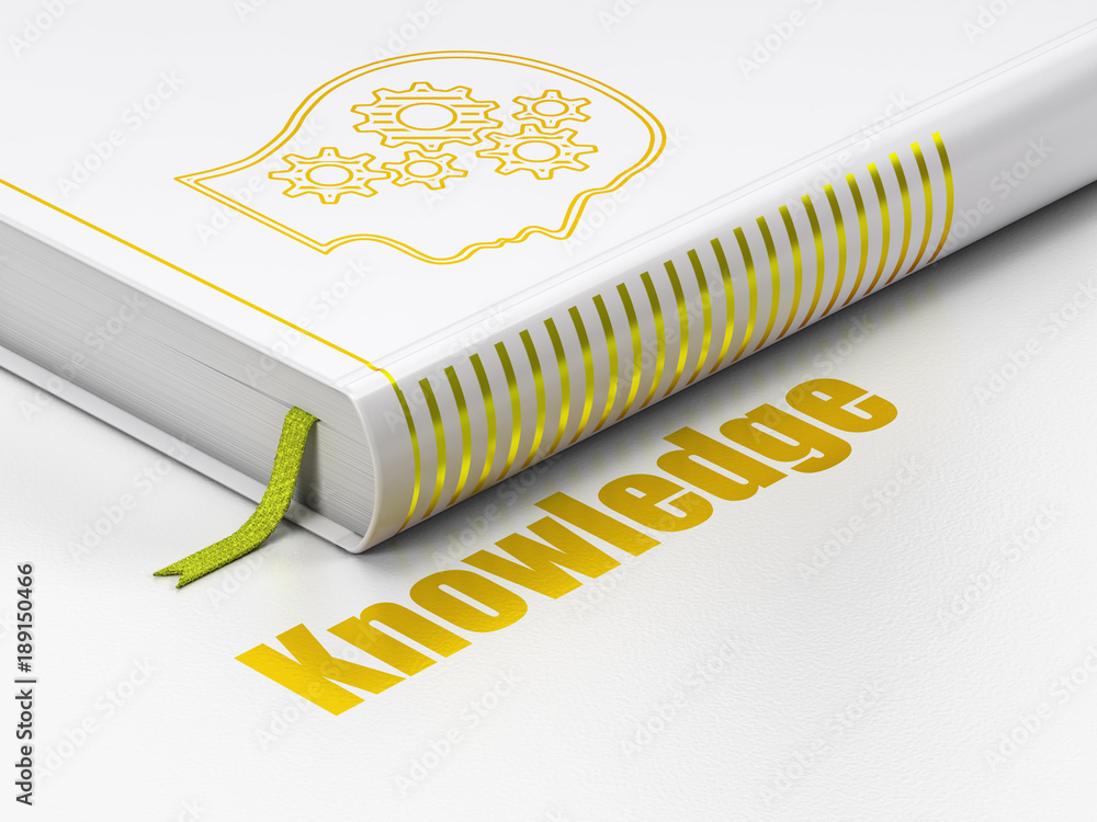 Poster learning concept: closed book with gold head with gears icon and text knowledge on floor, white back