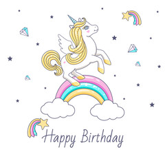 Happy birthday card with cute unicorn. Vector illustration © 210484kate