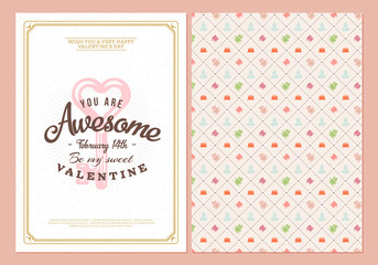 Happy Valentines Day typography greeting card. Vector design double sided template with seamless background and romantic signs