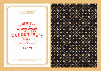 Happy Valentines Day typography greeting card. Vector design double sided template with seamless background and romantic signs