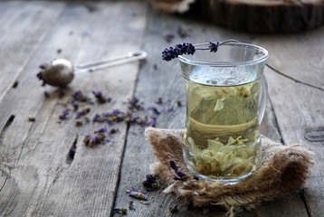 Lavender tea in a glass cup