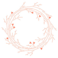 Valentine's Day card with round frame from tree branches and hearts. Soft pink color frame for valentines design. Vector illustration isolated on white background