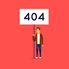Error 404 page. Man with a poster. Flat vector illustration in cartoon style.