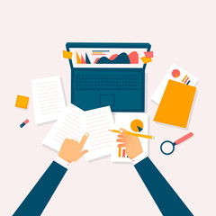 Data analysis, businessman at the computer examining papers. Flat vector illustration in cartoon style.