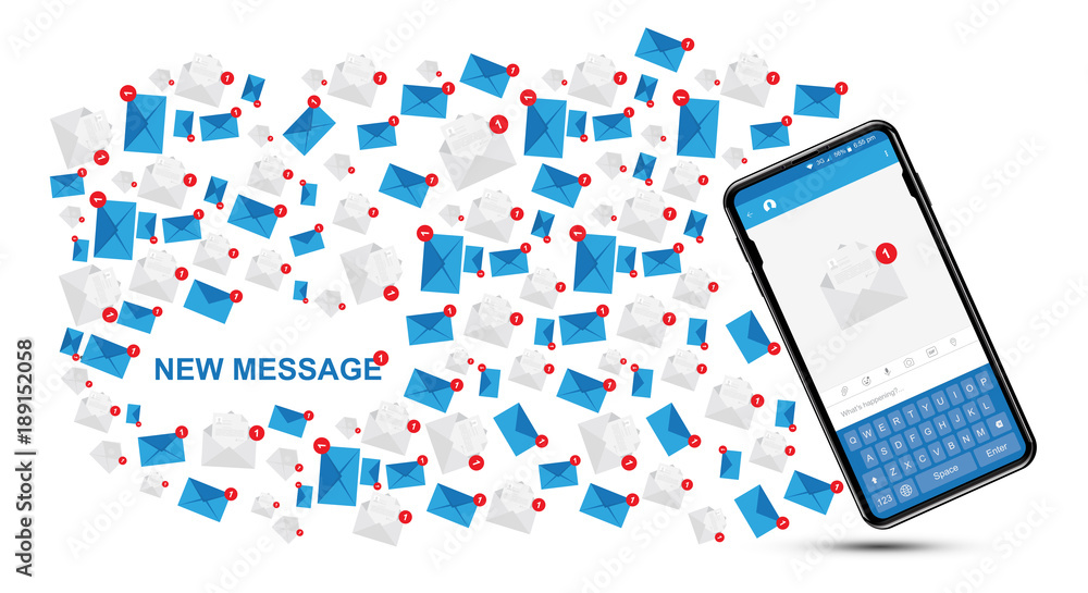 Poster new message in realistic smartphone. social concept with notification icons the internet. notificati