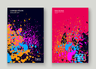 Neon explosion paint splatter artistic cover frame design. Decorative dust splash spray texture violet background. Trendy creative template vector Cover Report Catalog Brochure Flyer Poster Banner