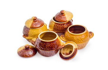 Set of the four empty clay pots for cooking