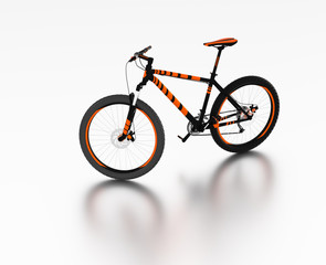 White reflecting floor with a Left Side of an Orange and Black Mountain Bike