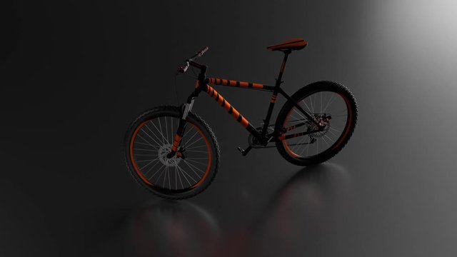 Infinite Rotation with a Black Background around Black and Orange Mountain bike