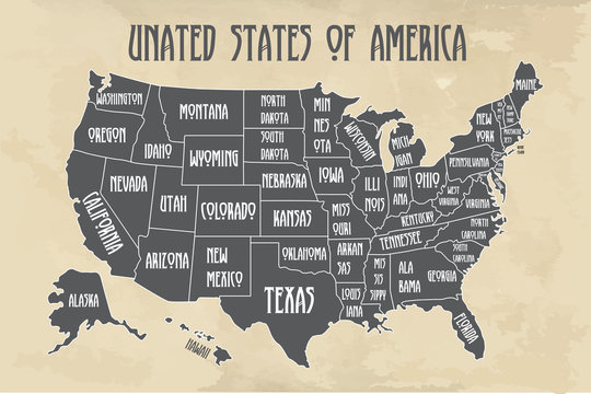Poster map of United States of America with state names. Black and white print map of USA for t-shirt, poster or geographic themes. Hand-drawn black map with states. Vector Illustration