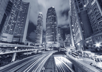 traffic in central district of Hong Kong city at night