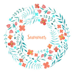 Watercolor simple summer red flowers and blue branches floral wreath, hand painted on a white background