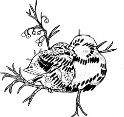 Illustration of two birds on a branch. Black and white drawing.