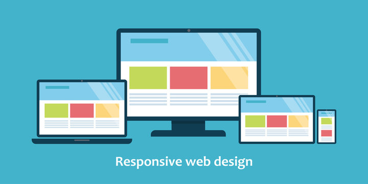 Illustration of devices with different view one web page. For demonstration responsive web design