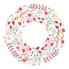 Watercolor simple red and green branches and berries floral wreath, hand painted on a white background