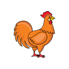 vector flat hand drawn chicken, brown rooster, cock with red crest. Isolated illustration on a white background. Farm poultry object for advertising, poster design.