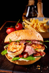 Gourmet Surf and Turf seafood and meat burger
