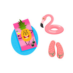 Vector flat summer symbols, fruit characters in sunglasses icon set. Pineapple sunbathing lying at mattress in pool, inflatable flamingo pool ring, flip flops. Isolated illustration, white background
